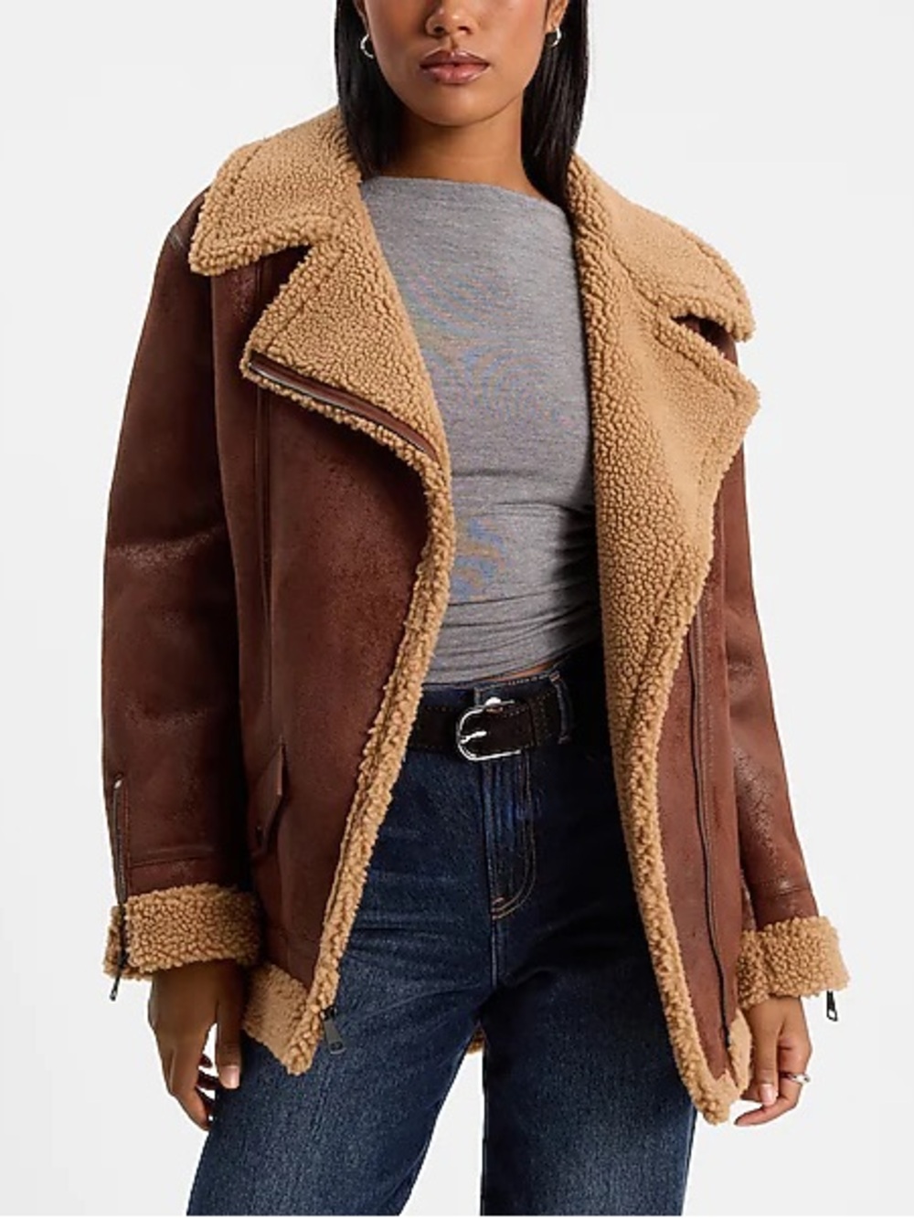 PrettyLittleThing Brown Faux-Shearling Aviator Jacket